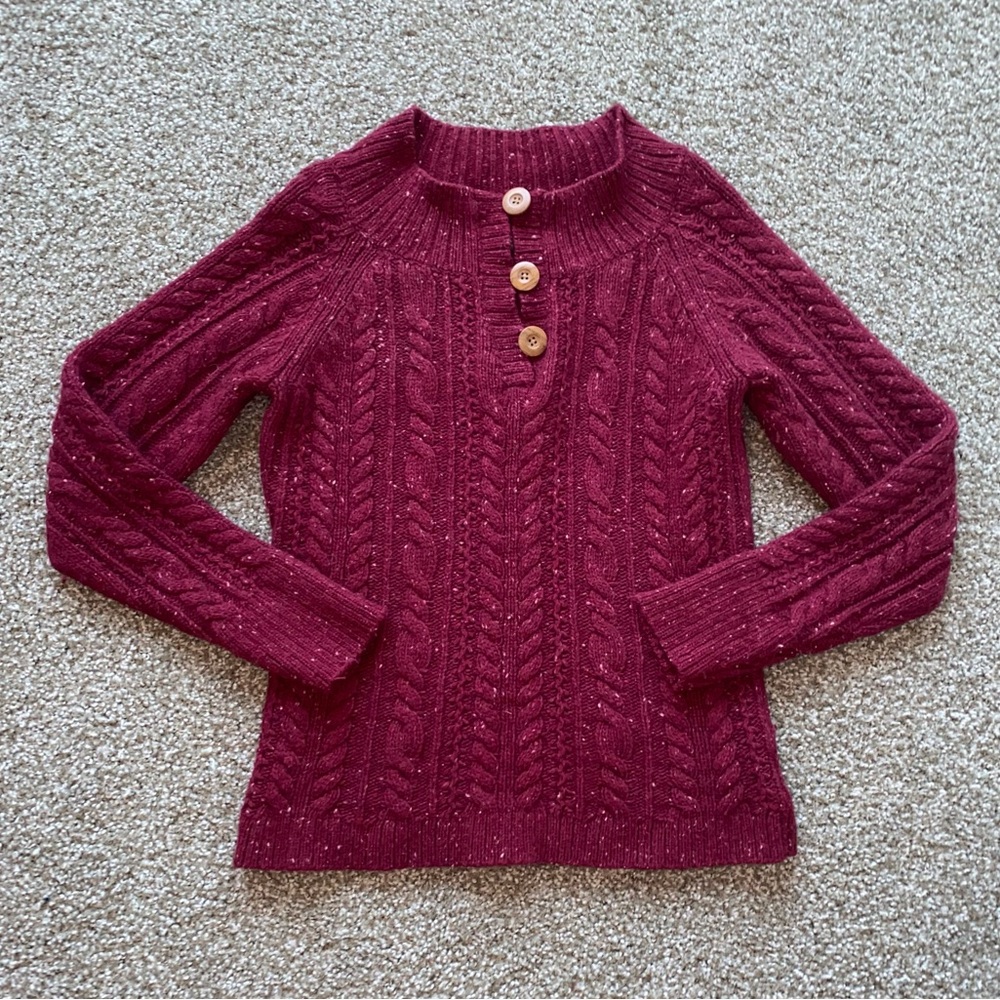 Eddie Bauer Wool Angora Blend Maroon Marled Cable Knit Sweater Brown Buttons